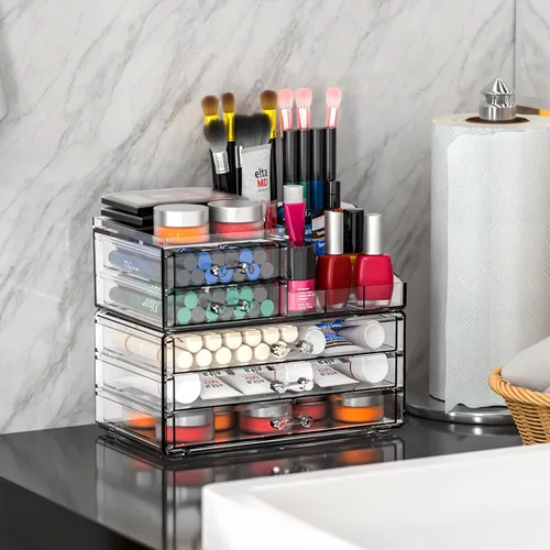 Miniatura 2 de Organizadores de maquillaje acrílicos transparentes y almacenamiento para tocador, organizador de cuidado de la piel para baño con 5 cajones