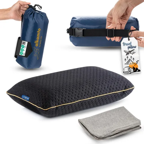 Miniatura 16 de alkamto Almohada de espuma viscoelástica cómoda para viajes y campamentos, bolsa portátil fácil de transportar, funda de almohada con regulación