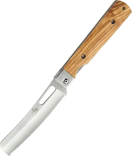 Miniatura 6 de SENBON Cuchillo de bolsillo plegable de acero inoxidable 440A con sierra para pan japonés, mango natural de oliva, para camping al aire libre