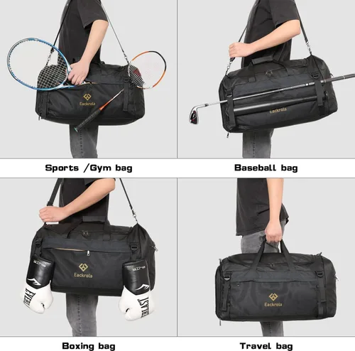 Miniatura 5 de Eackrola Bolsas de gimnasio para hombre con compartimento para zapatos, bolsa de lona deportiva con bolsillo húmedo para mujer, 65L, Negro, Gimnasio