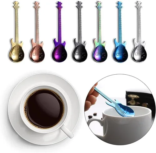 Miniatura 8 de Cuchara de café Cuchara de oro Herramienta creativa para beber de acero inoxidable Vajilla en forma de guitarra Negro Cubiertos (Plata)