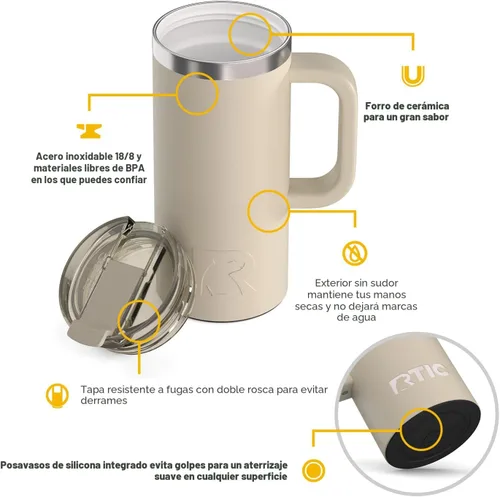 Miniatura 3 de RTIC - Taza de viaje para viajes de 16oz con tapa y asa, forrada en cerámica, aislada, de acero inoxidable, metálica, de doble pared con aislamiento
