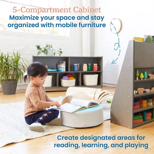 Miniatura 4 de ECR4Kids Gabinete de almacenamiento móvil de 5 compartimentos, para niños pequeños, mobiliario para aulas, Gris lavado