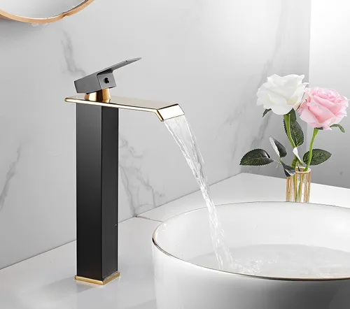 Miniatura 4 de Grifo de recipiente de baño, cascada de oro negro, grifo de fregadero de un agujero, grifos de baño, grifo de baño alto de una sola manija de Negro