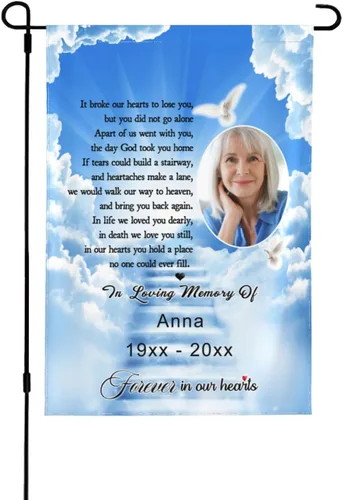Miniatura 9 de Bandera de memoria personalizada con nombre de foto, fecha, letrero funerario personalizado, bandera conmemorativa personalizable para jardín, Cielo