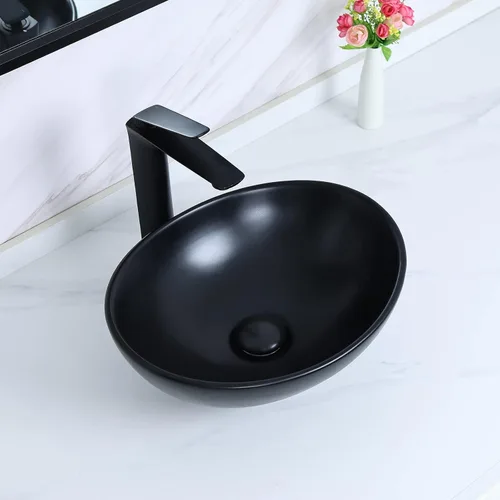 Miniatura 7 de Davivy Fregadero ovalado negro mate de 15.7 x 13 pulgadas con drenaje desplegable, fregaderos de baño sobre encimera, fregaderos de baño, fregaderos