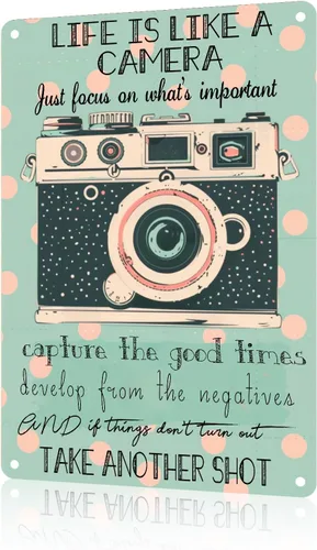Life Is Like A Camera - Decoración de pared de metal nostálgico vintage de 8 x 12 pulgadas