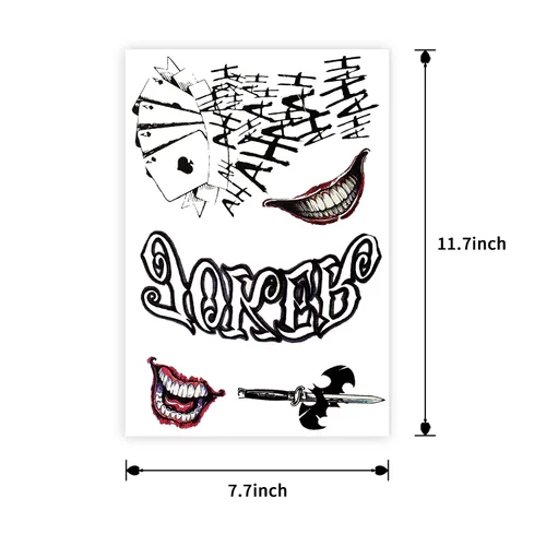 Miniatura 2 de 8 hojas de tatuajes de Joker, basuwu de tamaño grande, impermeables, para Halloween, todas las versiones, se ven reales y duran mucho tiempo, 8 pza
