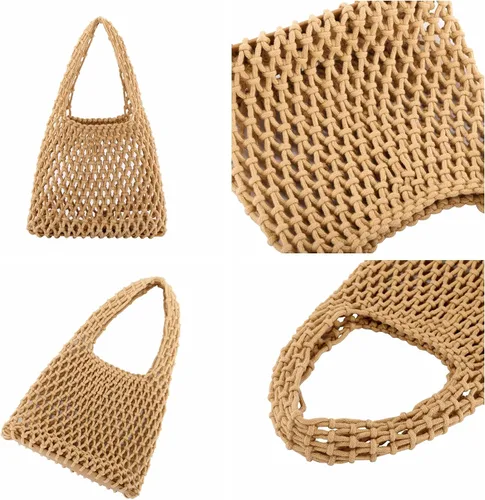 Miniatura 6 de Ayliss Mini bolso de mano para mujer, de algodón, ganchillo, asa superior, cordón para playa, tejido de red, bolsa de red de pesca