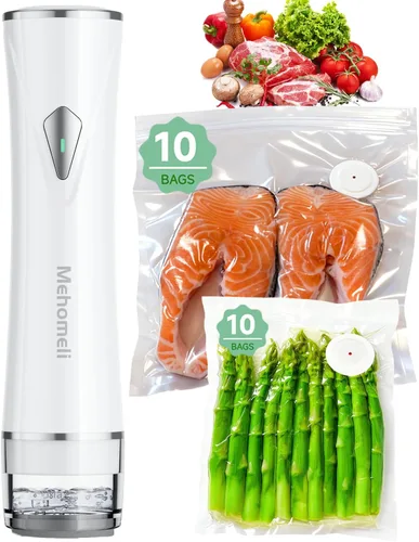 Mehomeli Sellador al vacío compacto para alimentos (máquina selladora al vacío + 20 bolsas de vacío reutilizables), potente máquina selladora al
