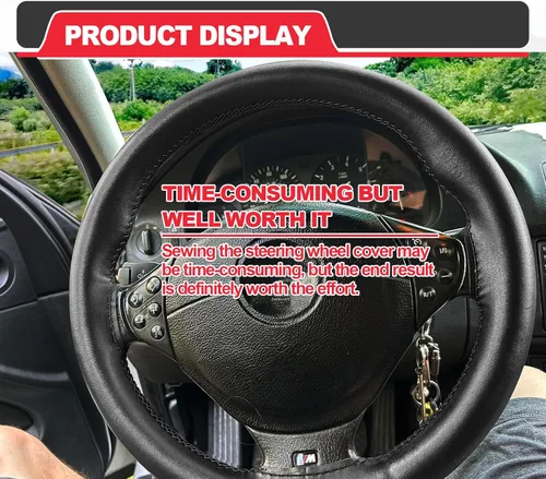 Miniatura 7 de Funda de volante de cuero PU Direct, 15 pulgadas, antideslizante, transpirable, sensación suave y cómoda, envoltura de costura de cuero PU genuino