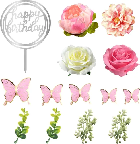 Miniatura 3 de 14 PCS Adornos para Pasteles de Flores Decoraciones de Pastel de Mariposa Adornos para Pastel de Feliz Cumpleaños con Flores de Rosa Rosa