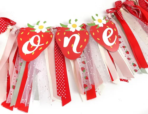 Miniatura 7 de Cartel para silla alta de primer o primer cumpleaños de fresa, decoración de fiesta de primer cumpleaños de bayas, pancarta para silla alta Sweet