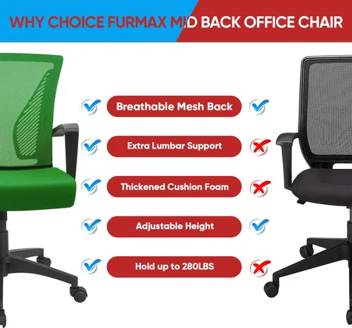Miniatura 6 de Furmax Silla de oficina ergonómica de escritorio para computadora, silla de malla, respaldo medio, soporte lumbar giratorio con reposabrazos