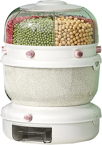 Miniatura 8 de Dispensador de cereales 20Lbs, Contenedor de almacenamiento de cocina giratorio de 360°, Dispensador de arroz y grano de doble capa, Contenedor