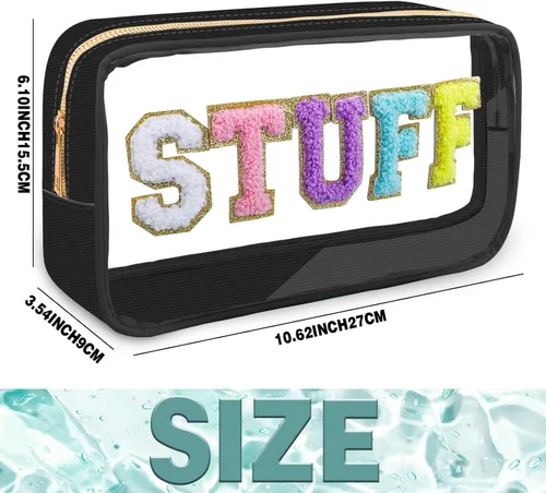 Miniatura 7 de Preppy Patch STUFF - Bolsa de maquillaje con letras de chenilla para mujeres, bolsa de PVC transparente con cremallera, bolsa de parches