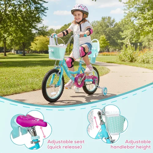 Miniatura 5 de WEIZE Kids Bike, 14 16 Inch Children Bicycle for Girls Ages 4-12 Years Old, Front Basket, Bell, Streamer, Doll Seat, Adjustable Seat & Handlebars