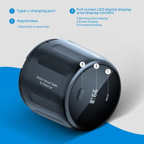 Miniatura 6 de Kit de sellado al vacío eléctrico de parada automática mejorado para tarros de boca ancha y regular, pantalla grande y pantalla de nivel de batería