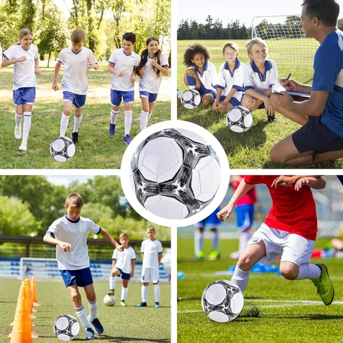 Miniatura 5 de Paquete de 6 pelotas de fútbol clásicas desinfladas tamaño 3/4/5 con bomba y bolsa de malla para interiores y exteriores, césped, entrenamiento