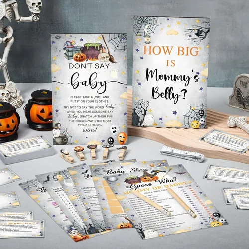 Miniatura 2 de Funnymoom Set de 426 piezas de juegos de baby shower de Halloween, 8 juegos, incluye bingo de baby shower, el precio correcto, adivina quién