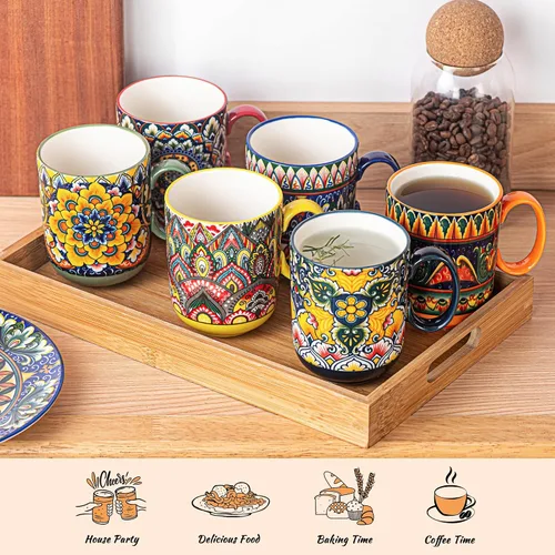 Miniatura 5 de Henten Home Juego de tazas de café de porcelana de 6 piezas, taza de café de 14 onzas colorida con mango, taza de cerámica boho para chocolate