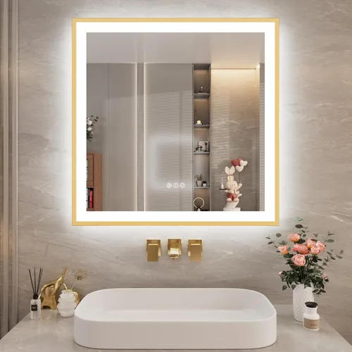 Miniatura 39 de Espejo de baño LED de 60x36 pulgadas con marco negro, espejos de baño retroiluminados y con luz frontal para pared, antiempañamiento, regulable