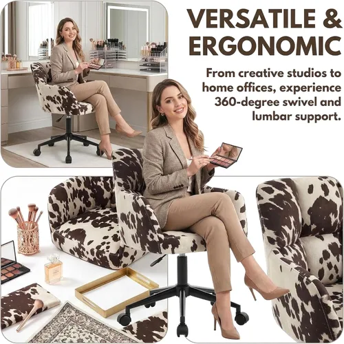Miniatura 3 de VESCASA Silla de escritorio ajustable para oficina en casa con respaldo cómodo, sillón tapizado giratorio de lino 360 con ruedas para dormitorio