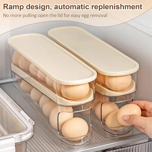 Miniatura 5 de Soporte para huevos para nevera, organizador de huevos para refrigerador de desplazamiento automático para huevos, dispensador rodante, contenedor 1