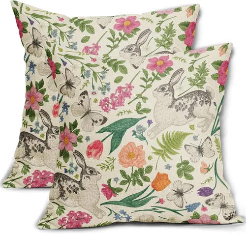 Miniatura 18 de Juego de 2 fundas de almohada de primavera de 16 x 16 pulgadas, diseño de conejo, flores rosas, hojas verdes salvia, plantas botánicas vintage