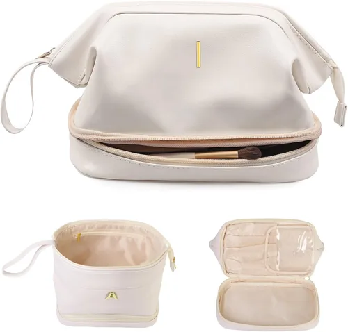 Miniatura 105 de Regalos para mujer, bolsa de maquillaje grande con inicial, artículos esenciales de viaje, bolsa de cosméticos personalizada de doble capa