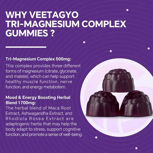 Miniatura 5 de VEETAGYO Gomitas de magnesio 500 mg 400 mg Alta absorción, hueso, nervios, músculo 3 formas de complejo de magnesio suplemento glicinato