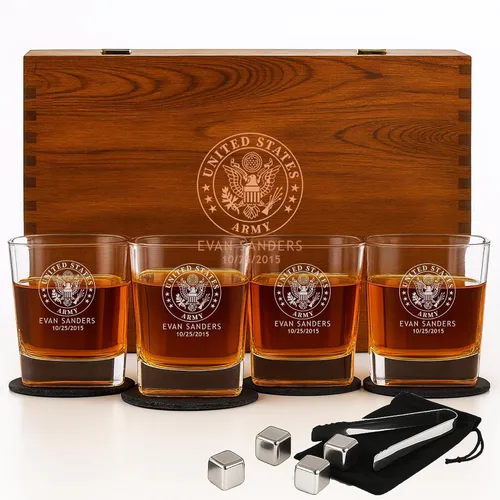 Miniatura 11 de Juegos Personalizados Militares - Decantador Grabado Personalizado y 4 Vasos de Scotch - Ejército, Marina, Fuerza Aérea, Guardia Costera - Servicio