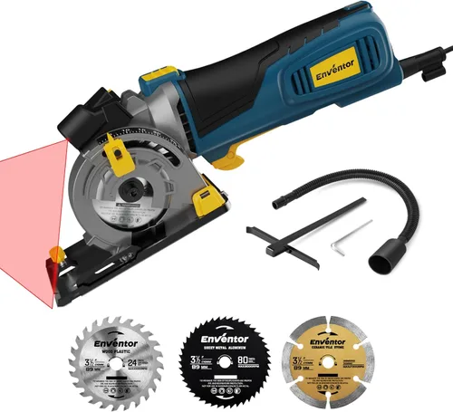 Enventor Mini sierra circular, sierra circular eléctrica mejorada de 5A/600 W, con cable con guía láser, 5,500 RPM, 3 hojas de sierra compactas de