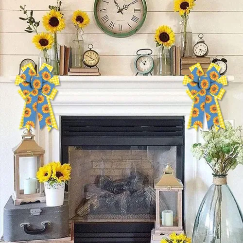 Miniatura 3 de Estivaux 2 lazos de girasoles de primavera para corona, lazos de corona de verano, lazos amarillos y blancos a cuadros, lazos de arpillera azules