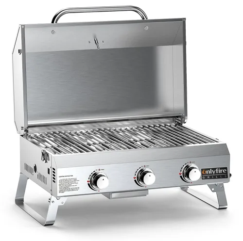 Miniatura 4 de Parrilla de Gas de Mesa 3 Quemadores, Parrilla de Propano Portátil para Barbacoa con Patas Plegables para Barbacoa al Aire Libre, Patio, Jardín
