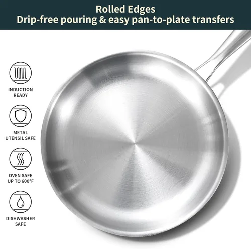 Miniatura 5 de DELARLO - Sartén de acero inoxidable de 8 pulgadas, sartén de inducción de tres capas compatible con hasta 600 ℉, calor rápido y uniforme, apto