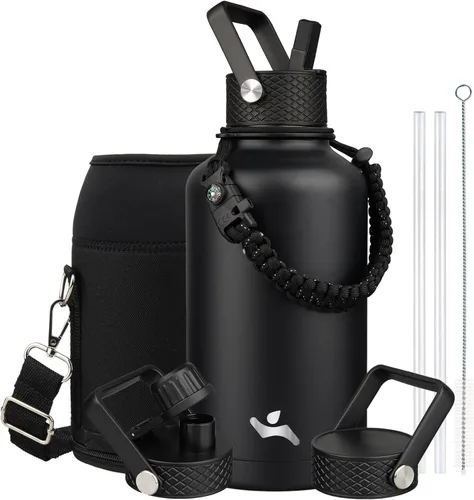 Miniatura 97 de Konokyo - Botella de agua aislada de 18 onzas, botellas deportivas de acero inoxidable con 3 tapas, verde militar