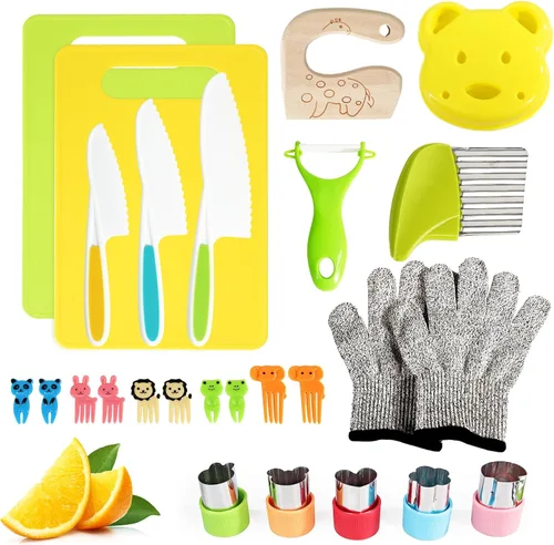 26 piezas de juego de cuchillos para niños, herramientas de cocina Montessori para niños pequeños para cocina real, juego de cuchillos libres de BPA