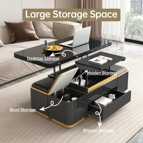 Miniatura 5 de Guyii Mesa de centro elevable con taburetes de almacenamiento, mesa central multifuncional negra con cajones, moderna mesa de comedor extensible