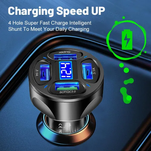 Miniatura 4 de Cargador de Coche, Cargador de Coche de 4 Puertos Rápido con Enchufe de Salida/Voltímetro LED/QC3.0/Puerto Súper, Cargador USB de Encendedor