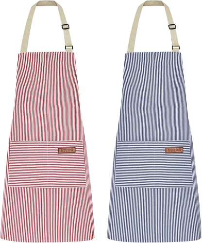 Miniatura 14 de Paquete de 2 delantales de cocina ajustables para mujeres y hombres con 2 bolsillos, delantales con peto de mezcla de algodón y poliéster