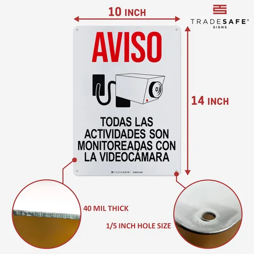 Miniatura 3 de TRADESAFE Señal de videovigilancia - Monitoreadas con la Videocámara Señal de Seguridad de Aluminio Español, Instalación Rápida, Reflectante de Luz