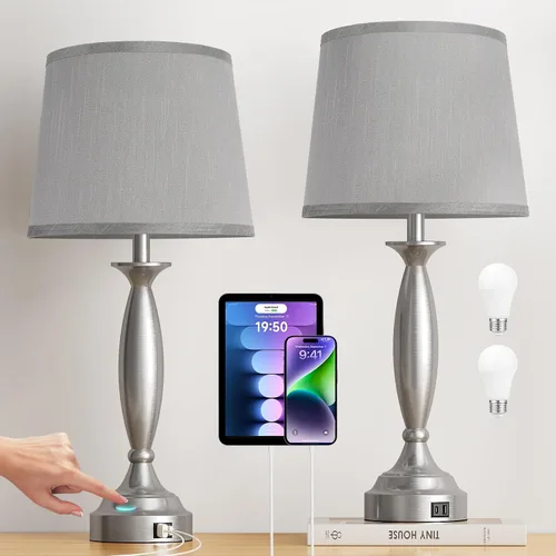 Miniatura 15 de Juego de 2 lámparas blancas para dormitorio, lámpara de noche de control táctil con USB C+A, lámparas de mesita de noche regulables de 3 vías