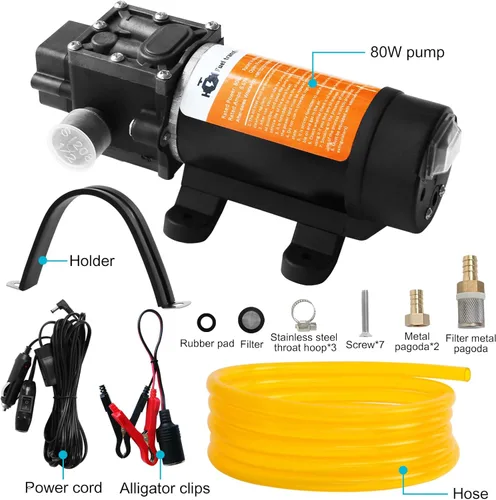 Miniatura 6 de Juego de bomba de transferencia de combustible de 12 V, mueve hasta 120 galones de gas o diésel por hora con motor de 80 W CC, adecuado