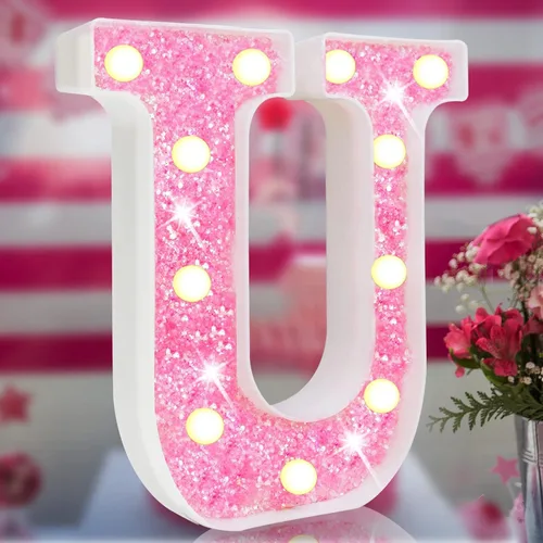 Miniatura 30 de Letras rosas iluminadas, letras del alfabeto con purpurina, letras LED de marquesina, que funcionan con pilas, para iluminar por la noche
