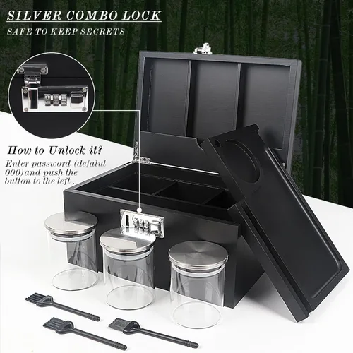 Miniatura 4 de lotmusic Caja de almacenamiento grande con bandeja extraíble deslizable, caja decorativa de bambú con 3 tarros de vidrio, cepillos de limpieza