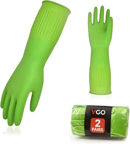Miniatura 8 de Vgo - 1 par de guantes para lavar platos, guantes reutilizables para el hogar, guantes de cocina, manga larga, látex grueso, limpieza, lavado