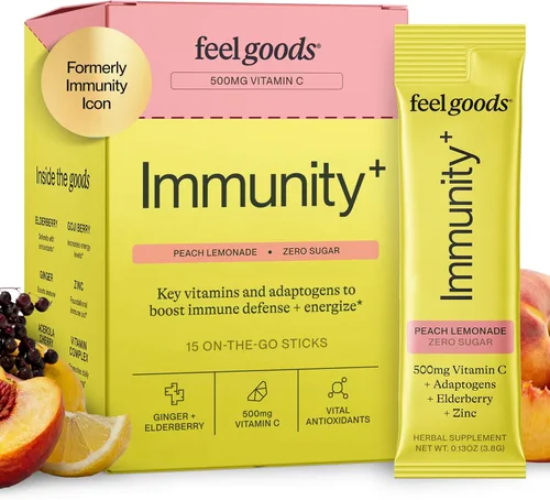 Feel Goods Immunity+, apoyo inmunológico, hierbas orgánicas, 500 mg de vitamina C, paquetes de polvo cero azúcar, antioxidantes, zinc,