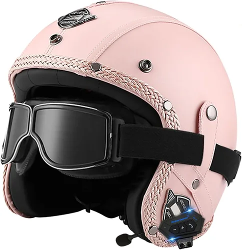 Miniatura 11 de Casco retro de motocicleta con Bluetooth, casco de cuero Jet con gafas personalizadas, medio casco de motocicleta 3/4 aprobado por DOT, casco