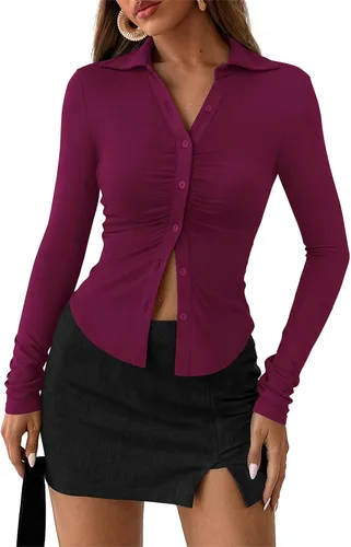Miniatura 6 de PRETTYGARDEN - Camisas con botones para mujer, cuello en V, cuello abotonado, ajustadas, manga larga, camisa casual, moda de otoño, tops para damas